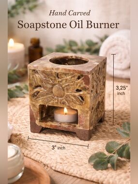 Carved Stone Oil Burner Candle Holder Floral Soapstone Decor